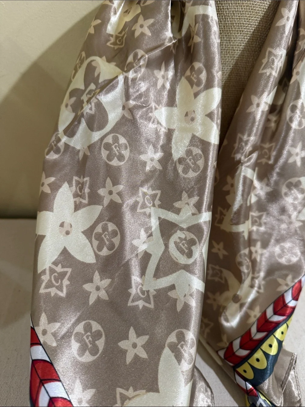 Monogram Satin Scarf with Multicolor Braid Border